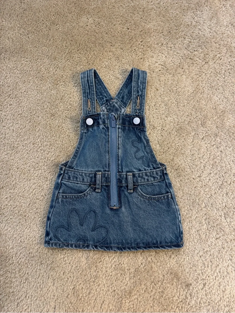 Old Navy Girls Front Zip Denim Overall Dress w/ Embroidered Flowers